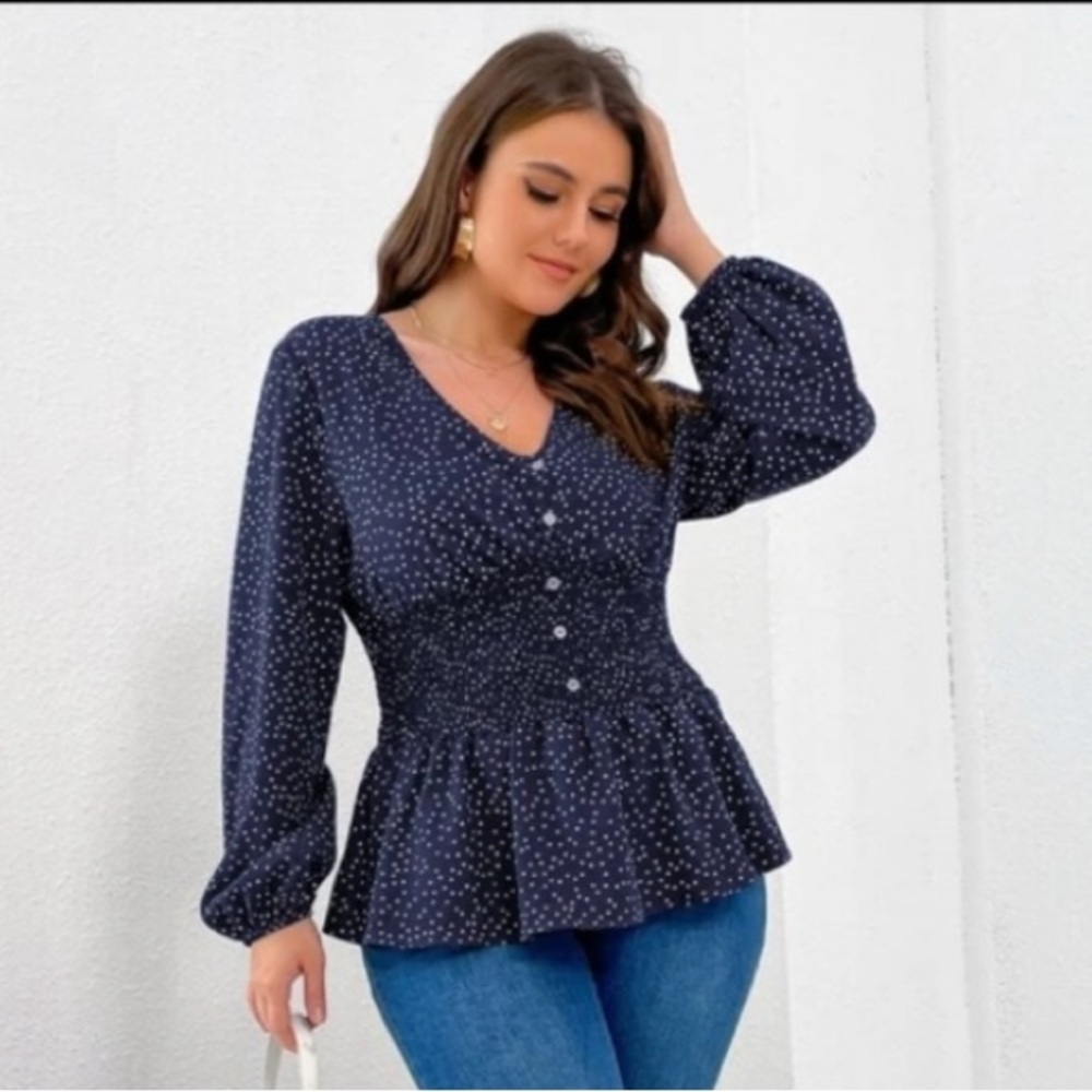 Plus Polka Dot Lantern Sleeve Smocked Waist Fake Button Blouse